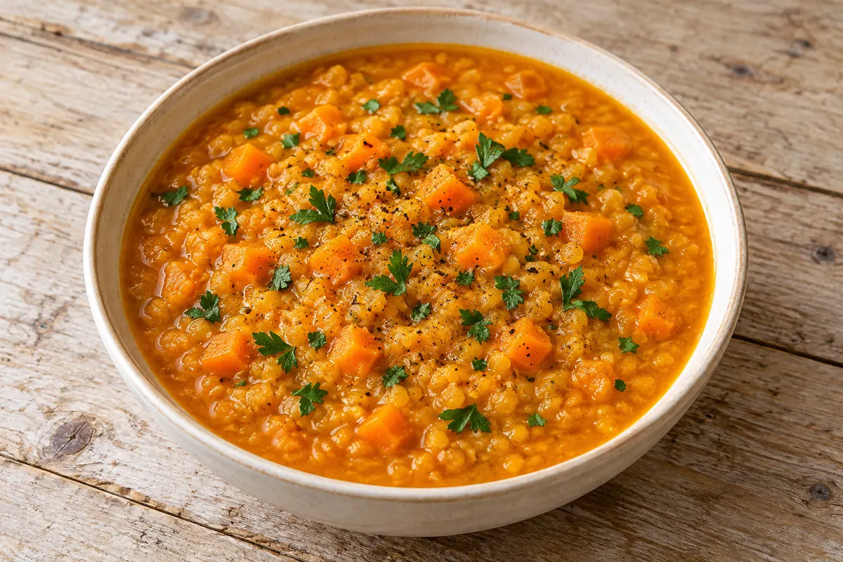 Orange red-lentil and carrot soup with a coarse, spoonable texture, small carrot pieces and chopped parsley in a shallow bowl.