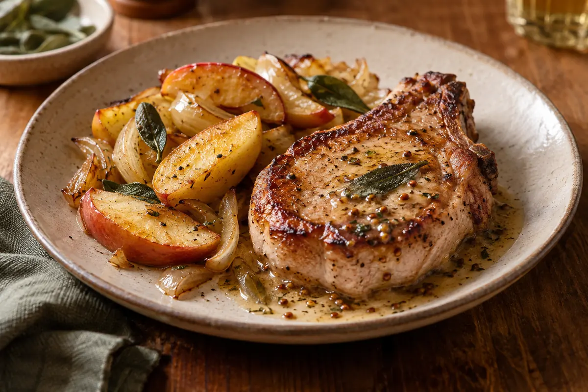 Golden skin-on apple wedges and softened onions served beside a browned pork chop on a shallow ceramic plate, a spoon of mustard pan sauce and a few sage leaves.