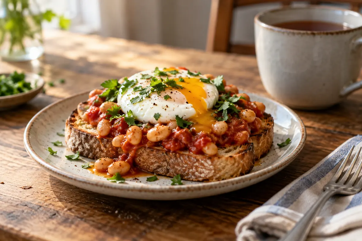 A modest breakfast of creamy white beans in tomato sauce on thick toasted bread with a soft cooked egg and chopped parsley, small breakfast plate, tea mug in background.