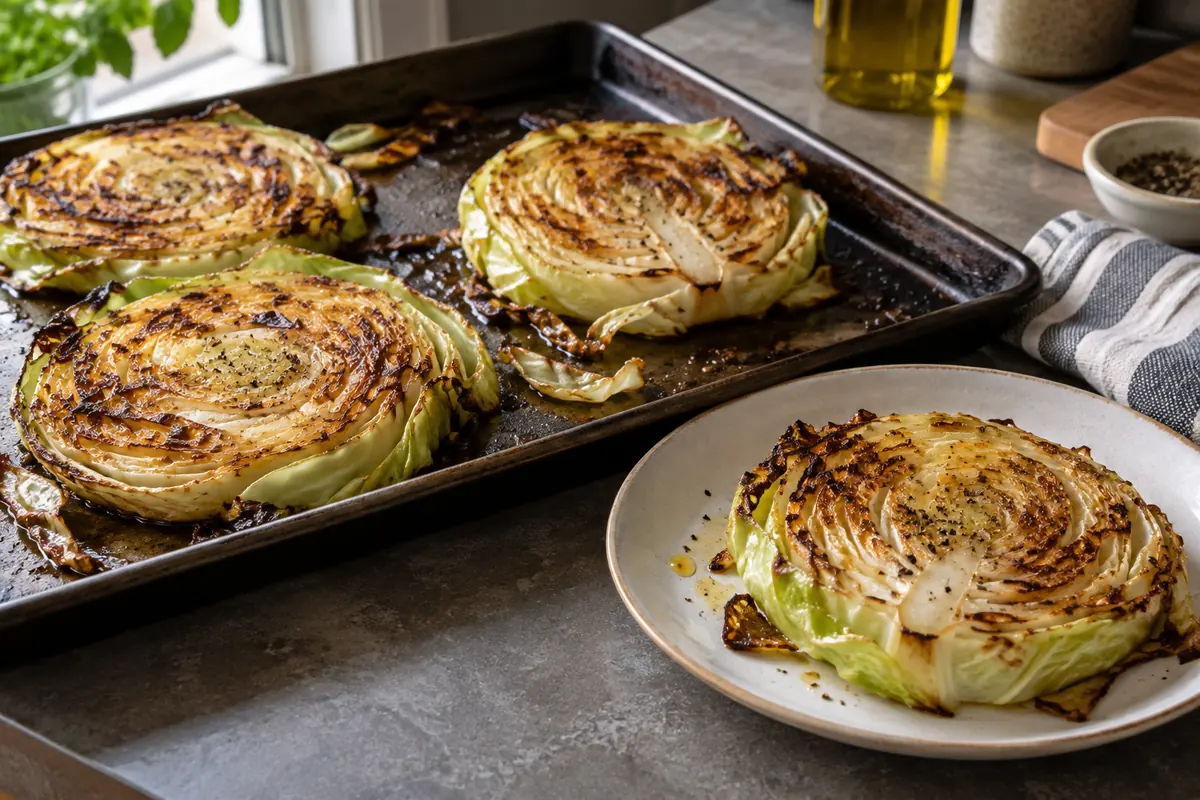 Thick rounds of green cabbage roasting on a dark rimmed sheet pan, deeply browned cut faces with visible layered pale centers; one round on an off-white plate.