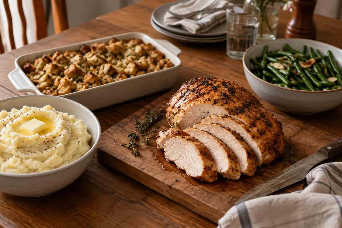 A practical compact Thanksgiving meal on a modest kitchen table: a small roasted turkey breast sliced on a board, a dish of stuffing, mashed potatoes and green beans in small serving bowls.