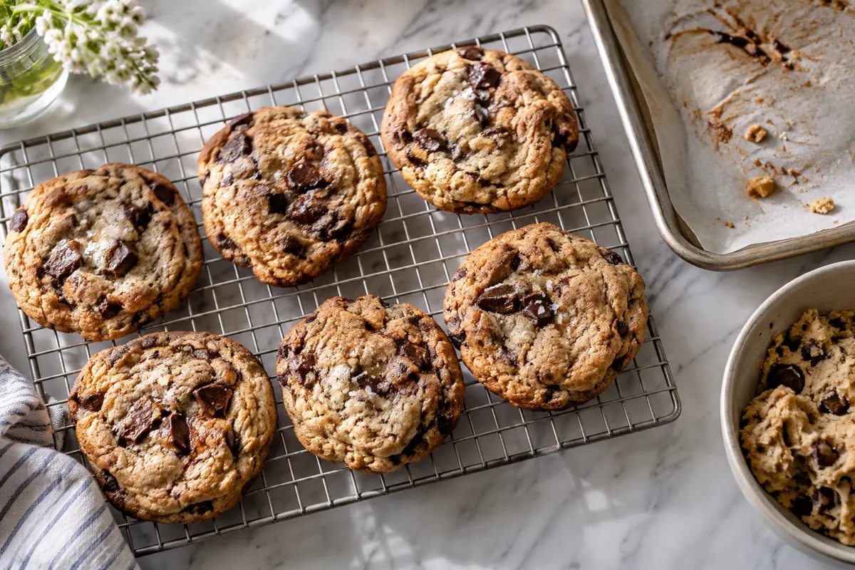 Six irregular homemade chocolate-chip cookies cooling on a small wire rack beside a compact quarter sheet pan with parchment and a small bowl of cookie dough.