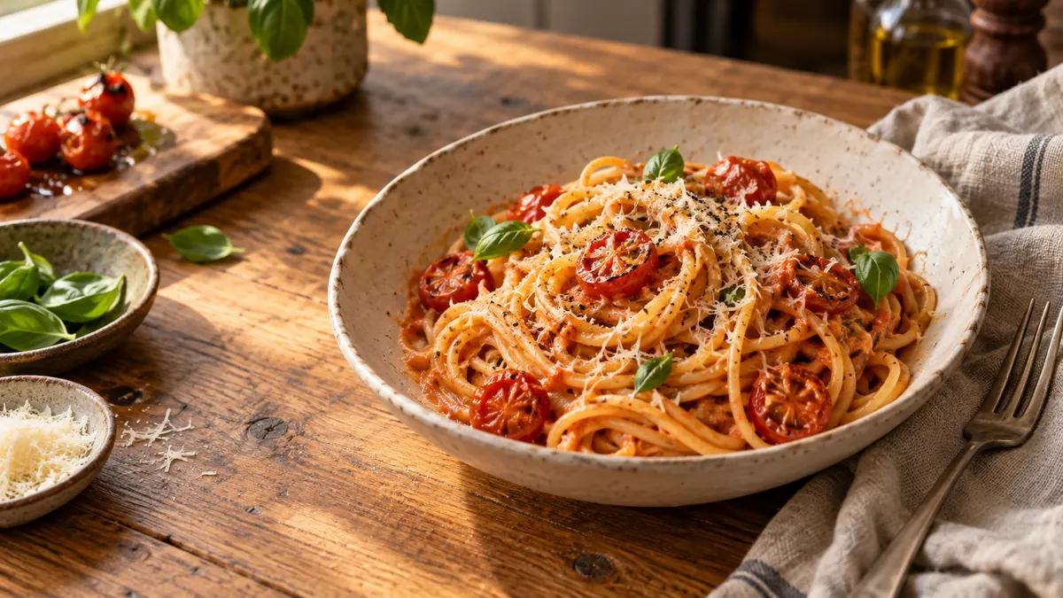 Illustration of tomato pasta with roasted cherry tomatoes, basil and grated cheese in a ceramic bowl.